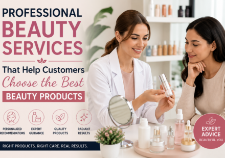 Professional beauty services helping a customer choose the best beauty products through an expert skincare consultation in a modern beauty salon.