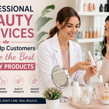 Professional beauty services helping a customer choose the best beauty products through an expert skincare consultation in a modern beauty salon.