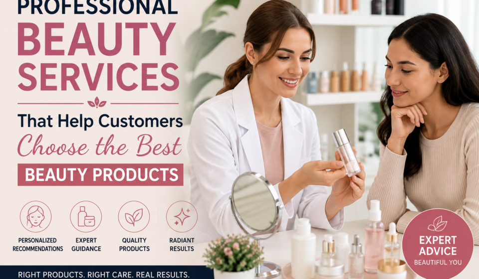 Professional beauty services helping a customer choose the best beauty products through an expert skincare consultation in a modern beauty salon.